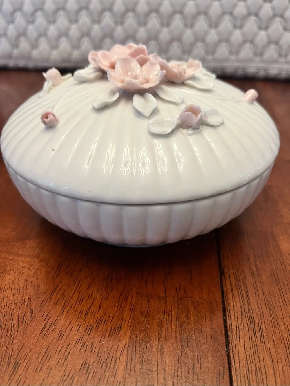 Vintage Royal Sealy; Elegant White Porcelain Floral Trinket Box w/ Pink Accents